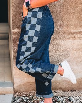 Sail Blue Checkered Side Panel Patchwork Drawstring Loose Denim Pants