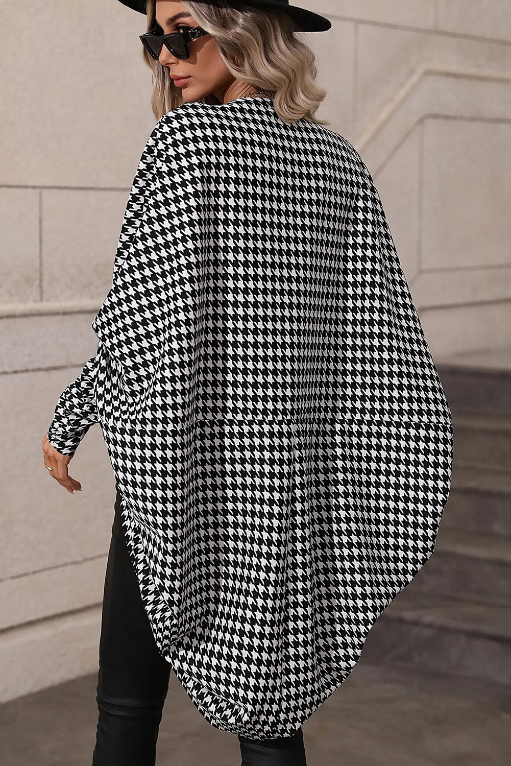 Black Houndstooth Print Open Front Long Dolman Kimonos - Image 2