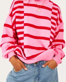 Pink Stripe Bubble Sleeve Drop Shoulder Ribbed Trim Sweater