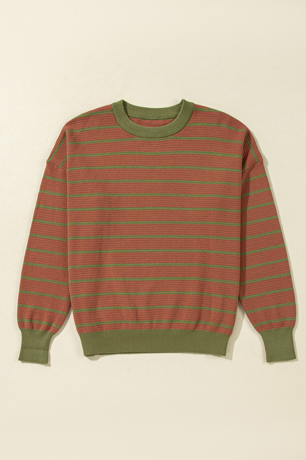 Brown Stripe Trimmed Round Neck Drop Shoulder Loose Sweater - Image 5