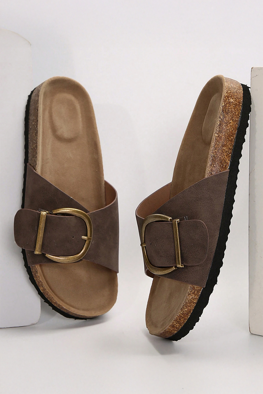 Coffee Buckle Decor Faux Suede Thick Sole Slippers - Image 6