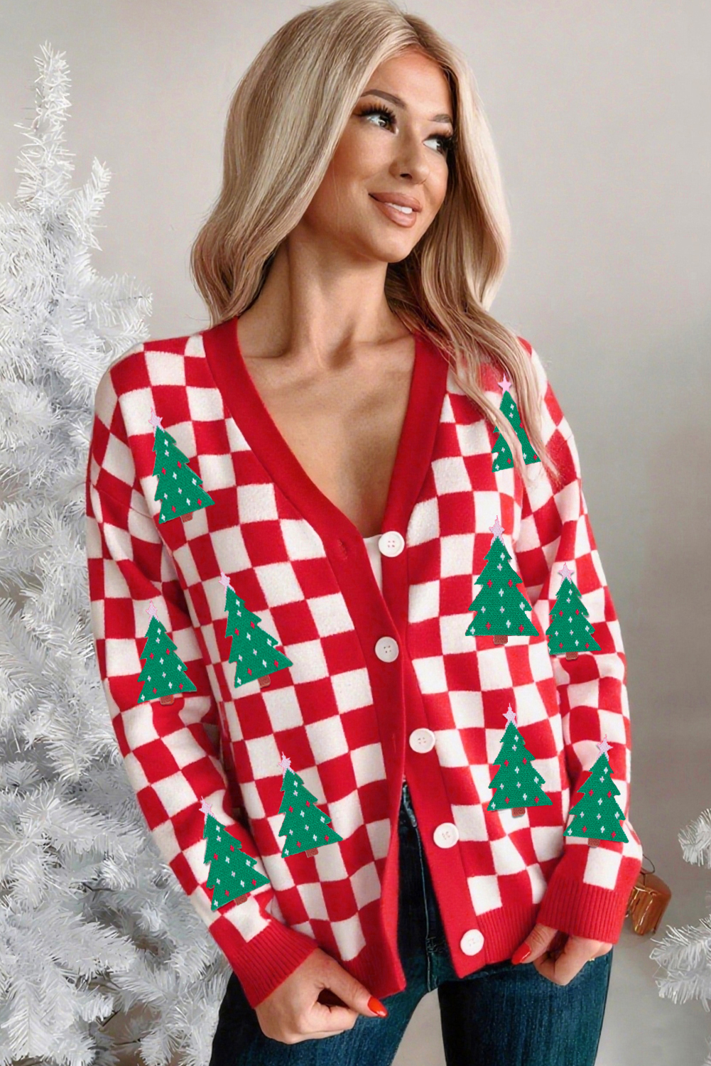 Red Checkered Christmas Tree Pattern Button V Neck Cardigan Sweater - Image 2