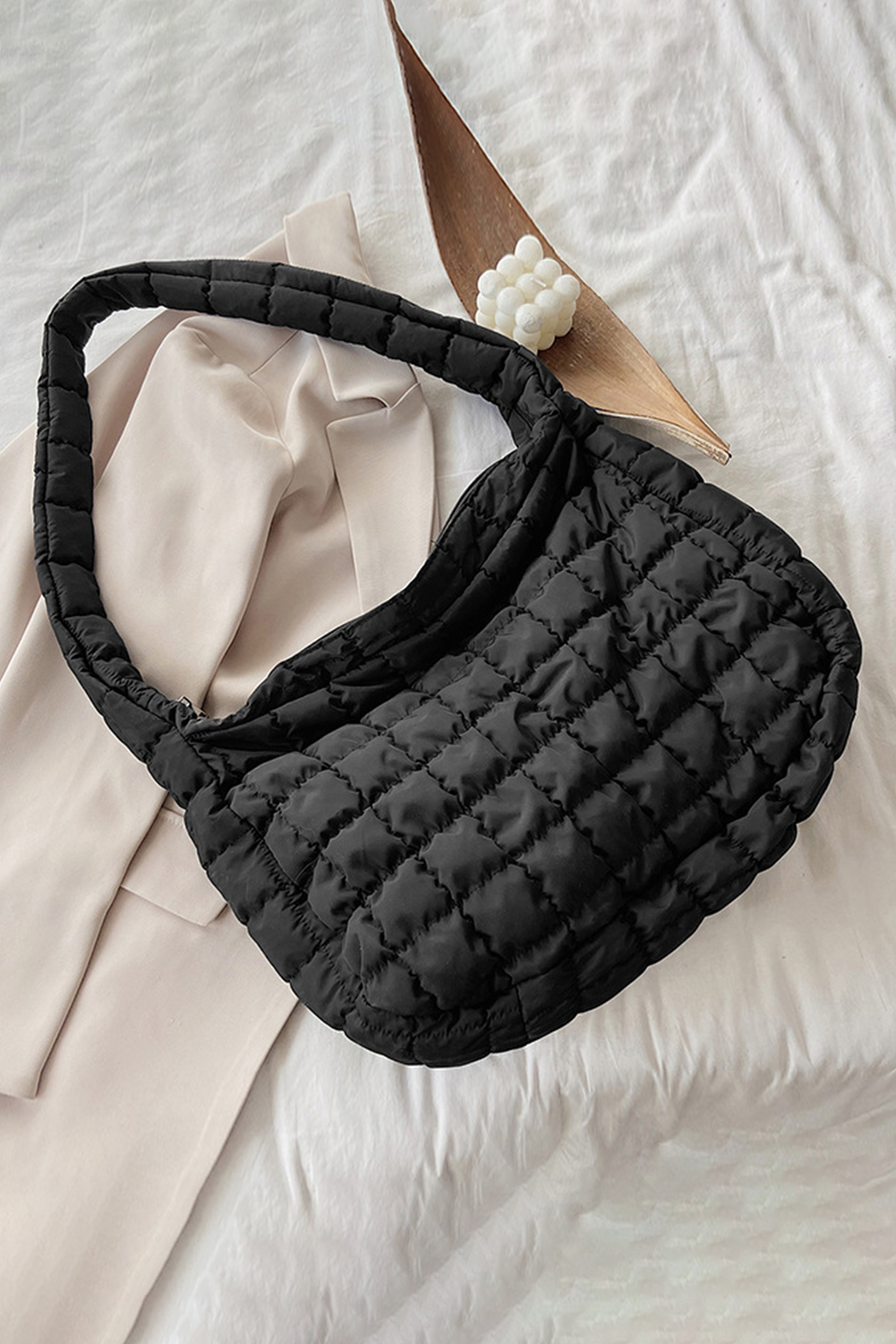 Black Quilted Zipper Large Shoulder Bag - Image 7