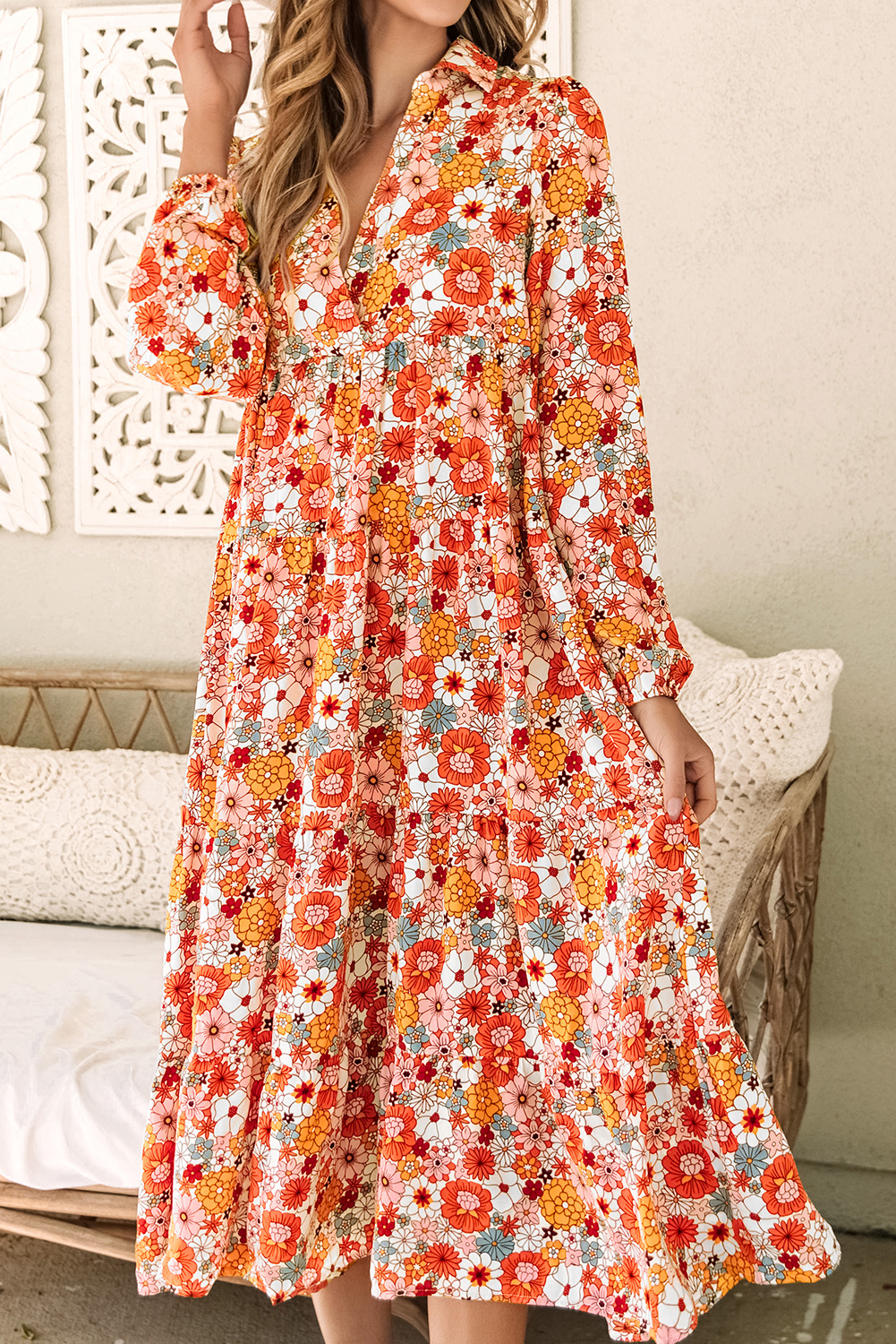 Multicolor Boho Floral Collared Long Sleeve Ruffled Dress - Image 4
