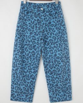Sky Blue Leopard Print Straight Loose Jeans