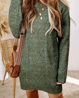 Mist Green Cable Knit Drop Shoulder Loose Fit Sweater Dress