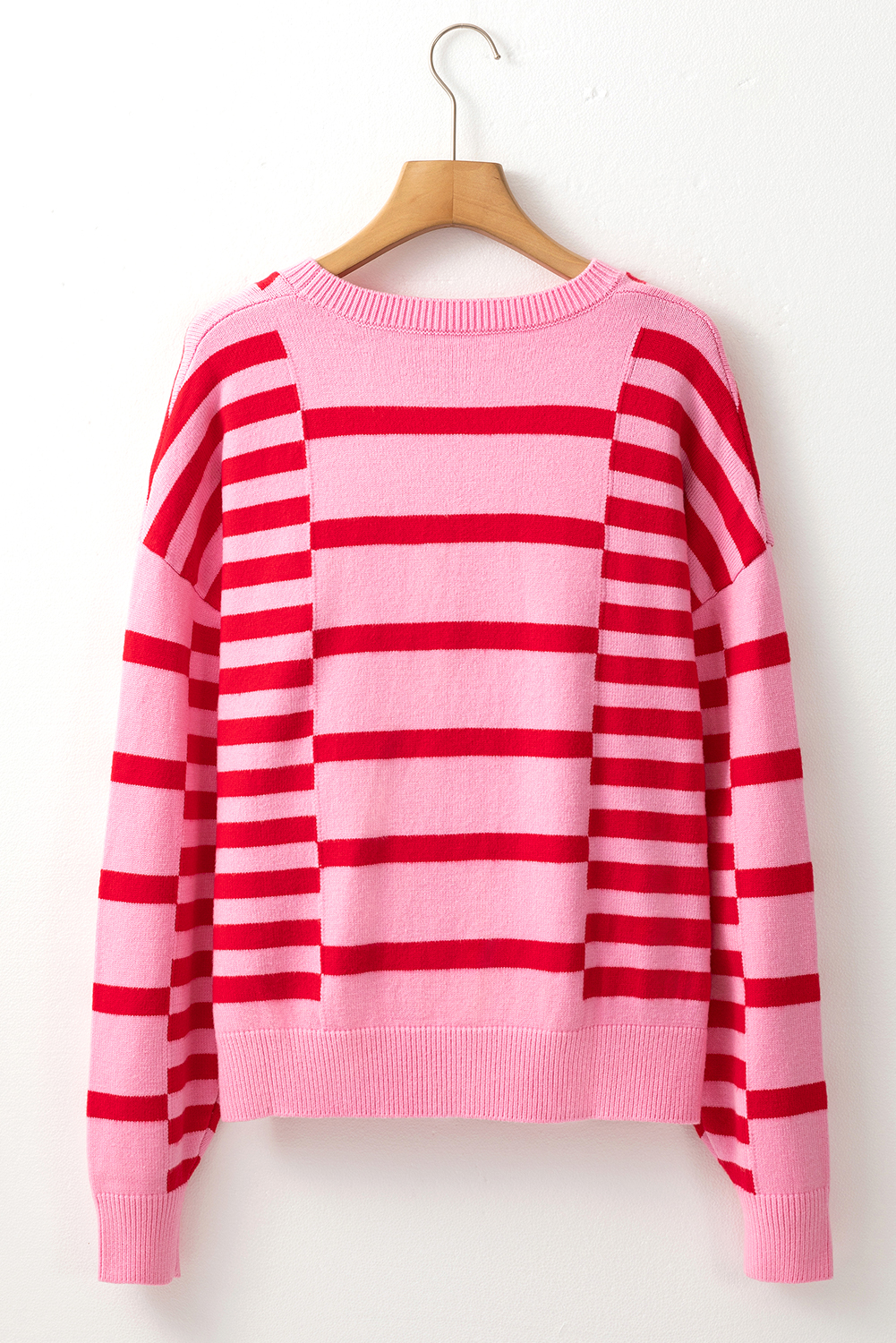 Pink Stripe Bubble Sleeve Drop Shoulder Ribbed Trim Sweater - Image 7