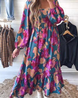 Multicolour Floral Print Square Neck Ruffled High Waist Dress