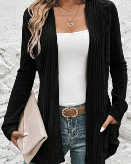 Black Ribbed Open Front Knitted Top with Pockets
