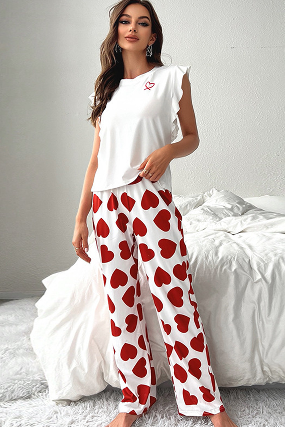 Red Ruffled Tank Top And Heart Print Pants Lounge Set - Image 3