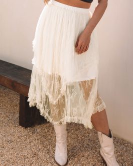 Beige Lace Cascading Tiered High Waist Maxi Skirt