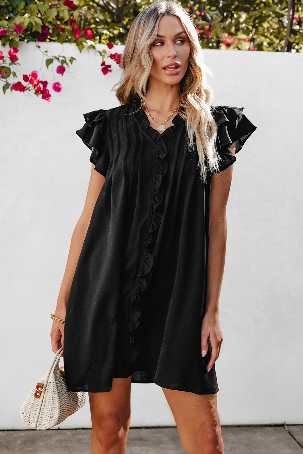 Black Ruffle Sleeve V Neck Frilled Shift Dress - Image 4
