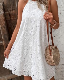 White Boho Eyelet Pattern Halter Neck Sleeveless Dress