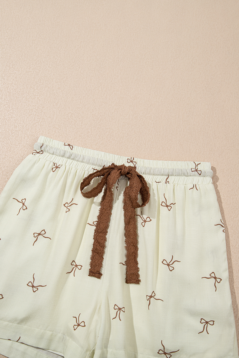 White Bow Print Lace Drawstring Elastic Waistband Casual Shorts - Image 8
