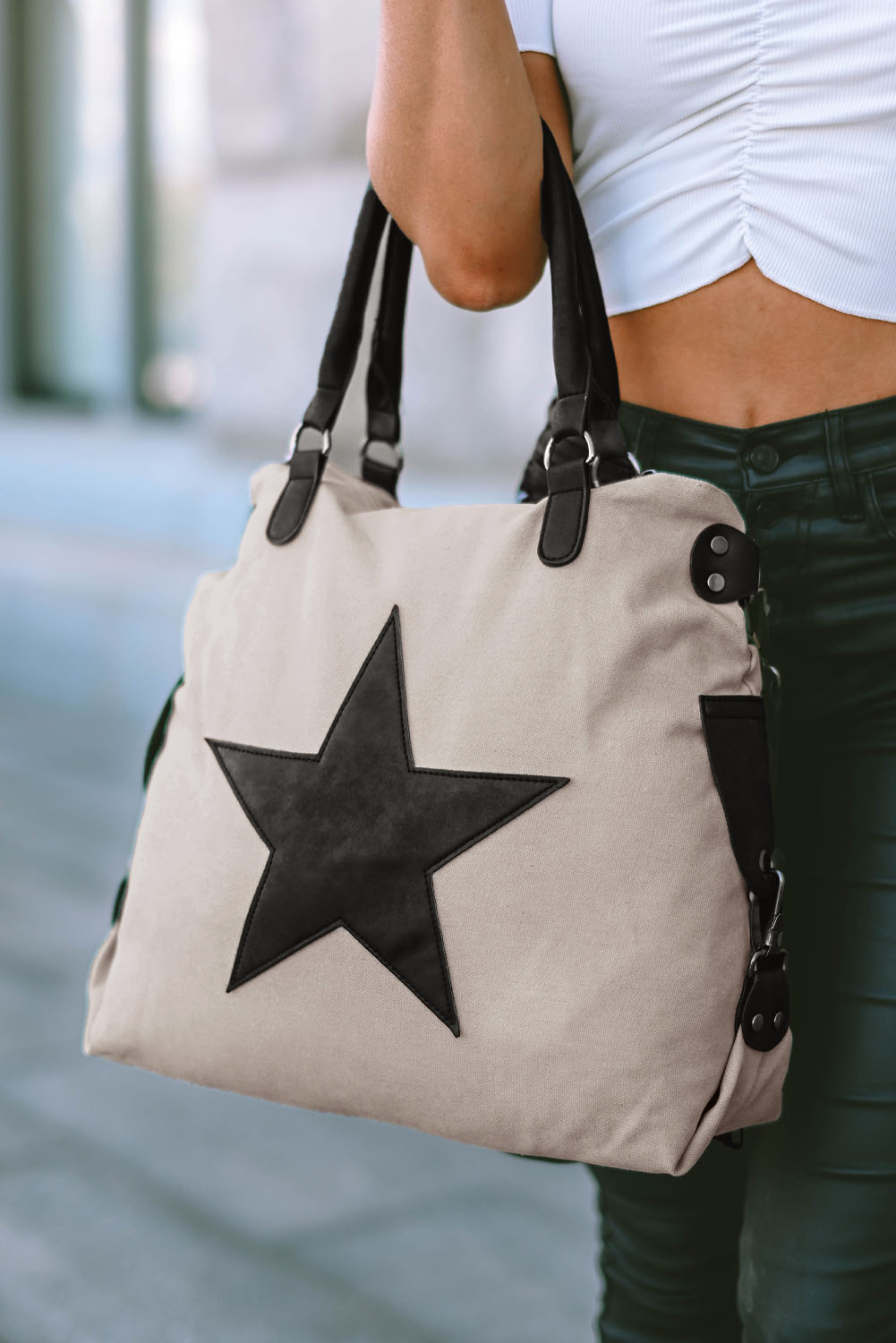 Beige Casual Five-pointed Star Canvas Tote Bag - Image 3