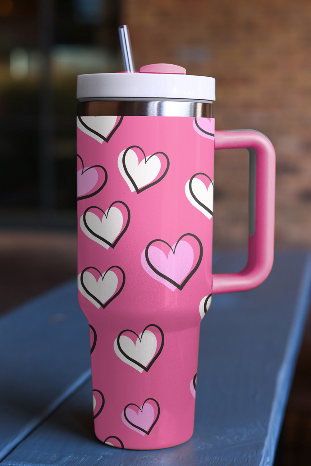 Rose Red Valentines Heart Printed Thermos Cup with Handle 40oz - Image 4