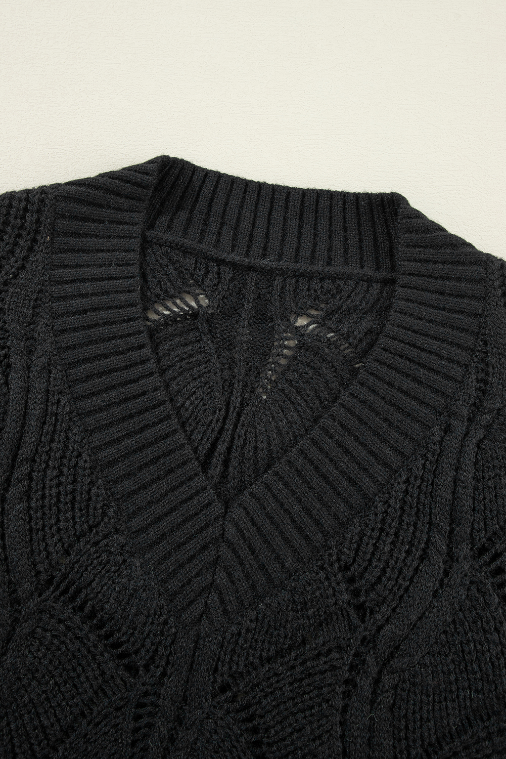 Black Hollow Out Knit V Neck Drop Shoulder Sweater - Image 8