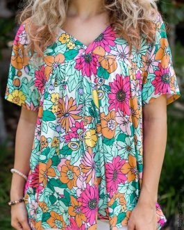 Multicolor Floral Print Short Sleeve Babydoll Blouse