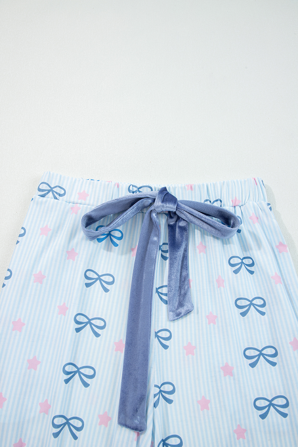 Sky Blue Stripe Bow Star Print Tied Detail 2pcs Lounge Set - Image 4