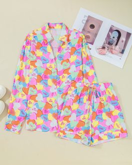 Pink Valentines Candy Heart V Neck Collared Tunic Shirt and Shorts 2pcs Pajama Set