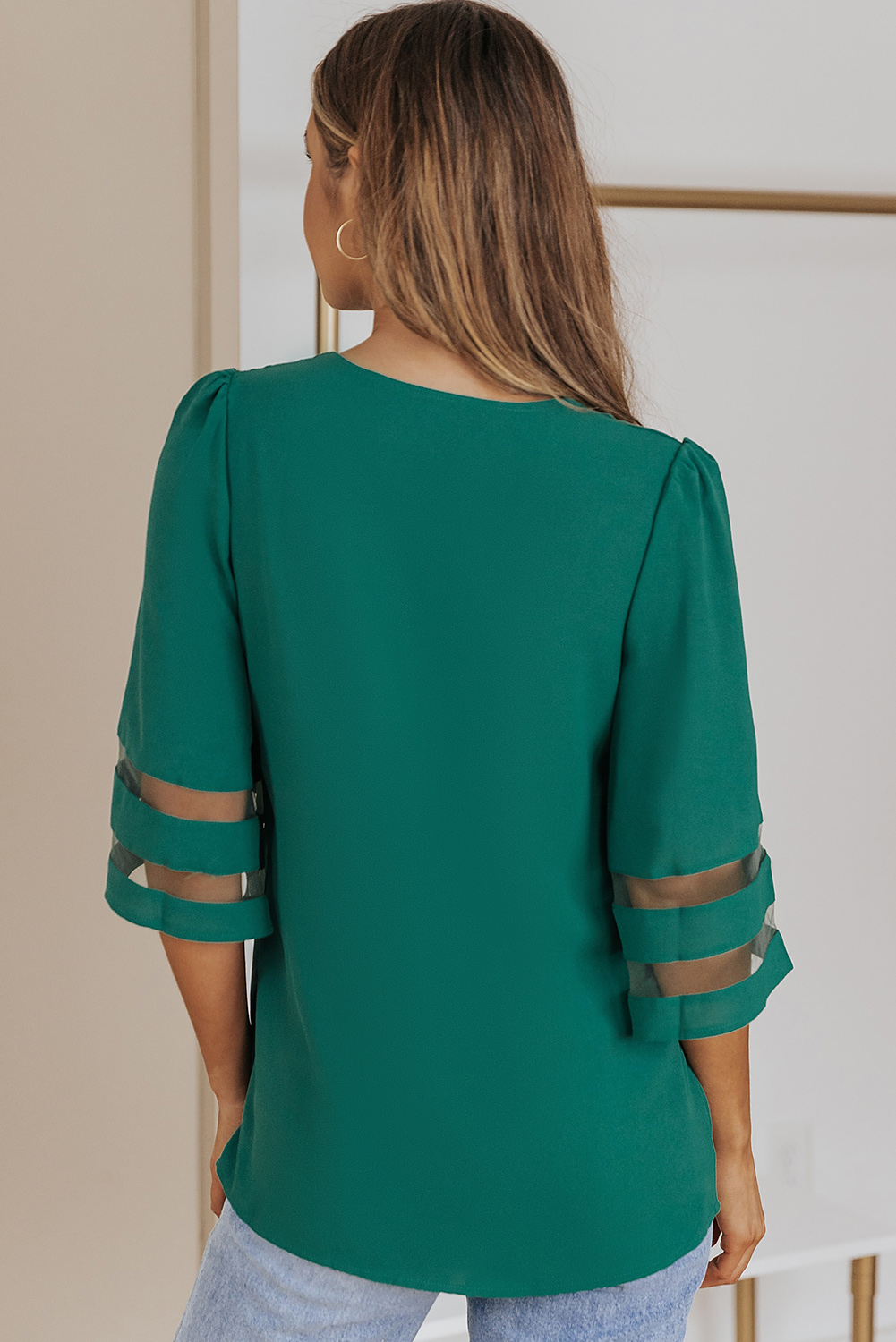 Green Flare Sleeve V Neck Loose Blouse - Image 2