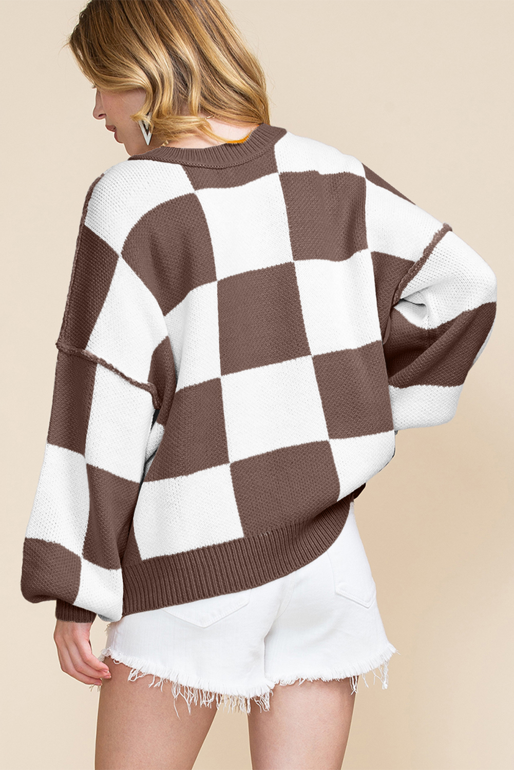 Dark Brown Checkered Bishop Sleeve Sweater - Image 2