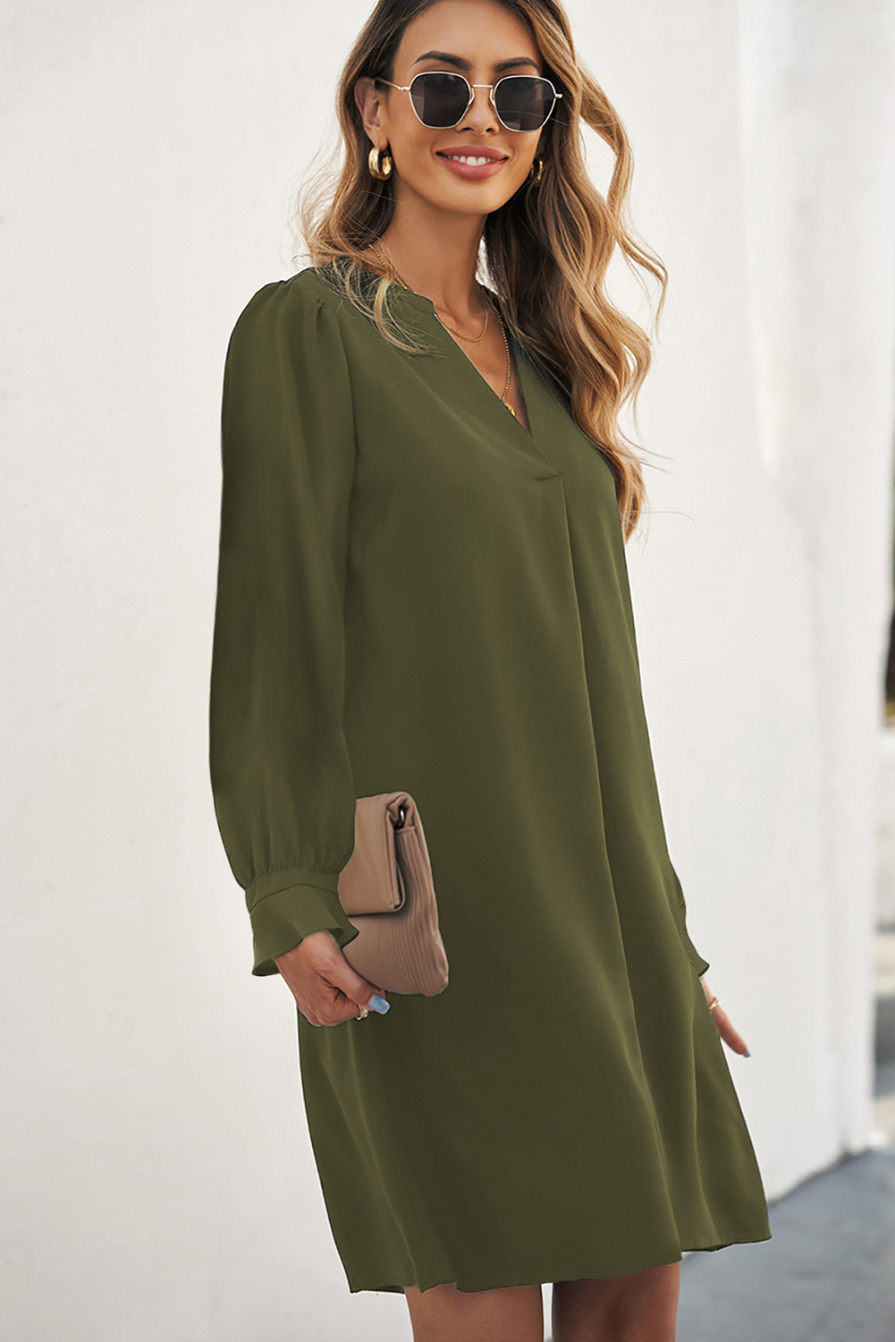 Green Split V Neck Ruffled Sleeves Shirt Dress - Image 3
