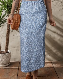 Sky Blue Boho Floral High Waist Long Skirt with Side Split