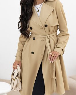 Pale Khaki Solid Color Lapel Collar Waist Tie Wind Coat