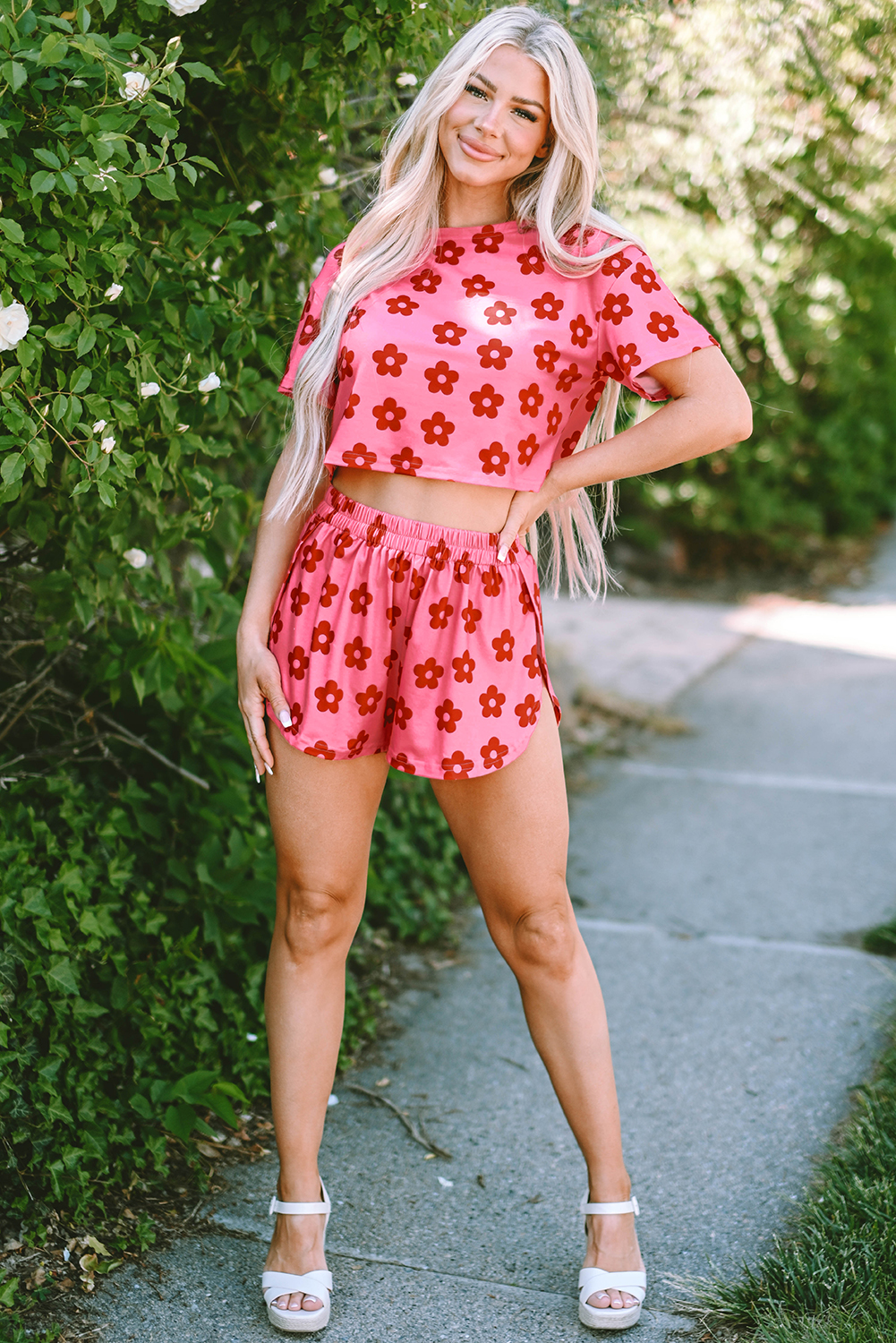 Rose Floral Print Crop Tee and Shorts Lounge Set - Image 6