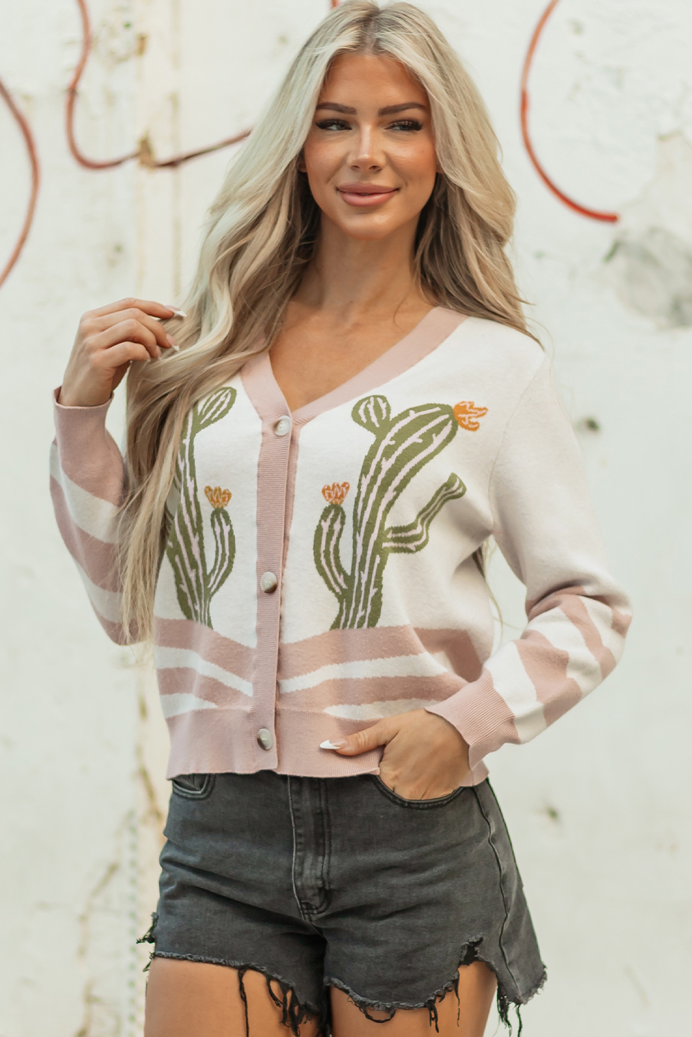Apricot Desert Cactus Buttoned Front Sweater Cardigan - Image 5