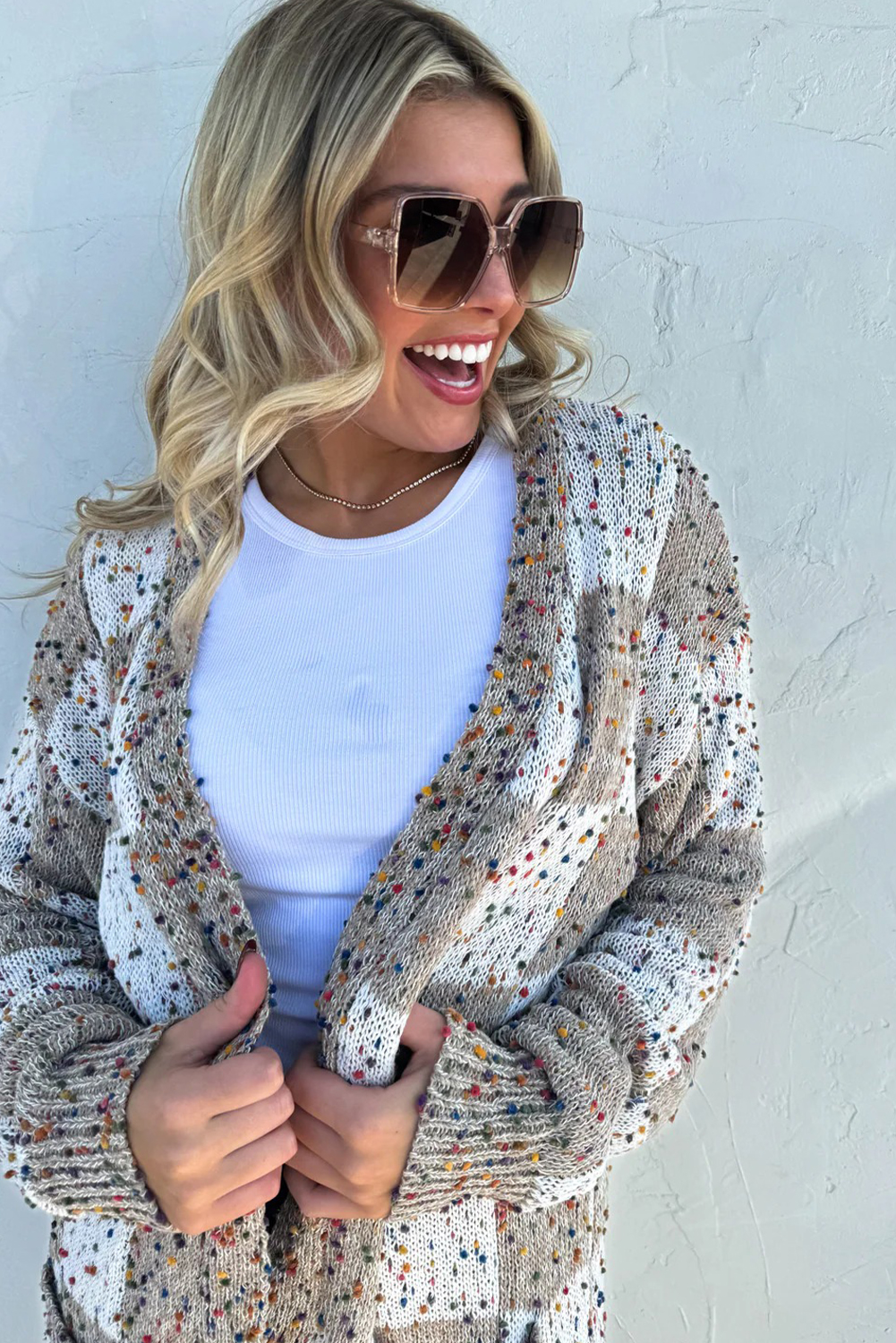 Brown Confetti Dot Checkered Print Open Cardigan with Pockets - Image 3
