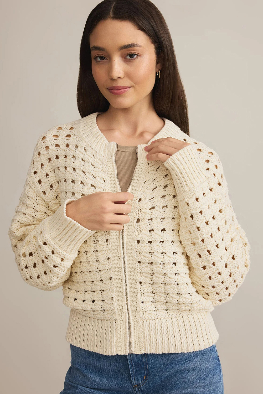Beige Hollowed Pattern Knit Zip Up Drop Shoulder Sweater Cardigan - Image 5