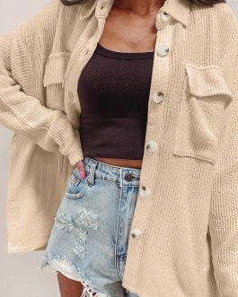 Apricot Solid Color Corduroy Buttoned Long Sleeve Shacket