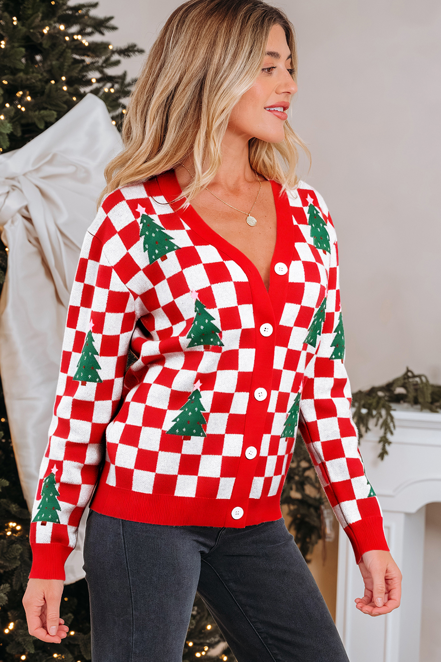 Red Checkered Christmas Tree Pattern Button V Neck Cardigan Sweater - Image 11