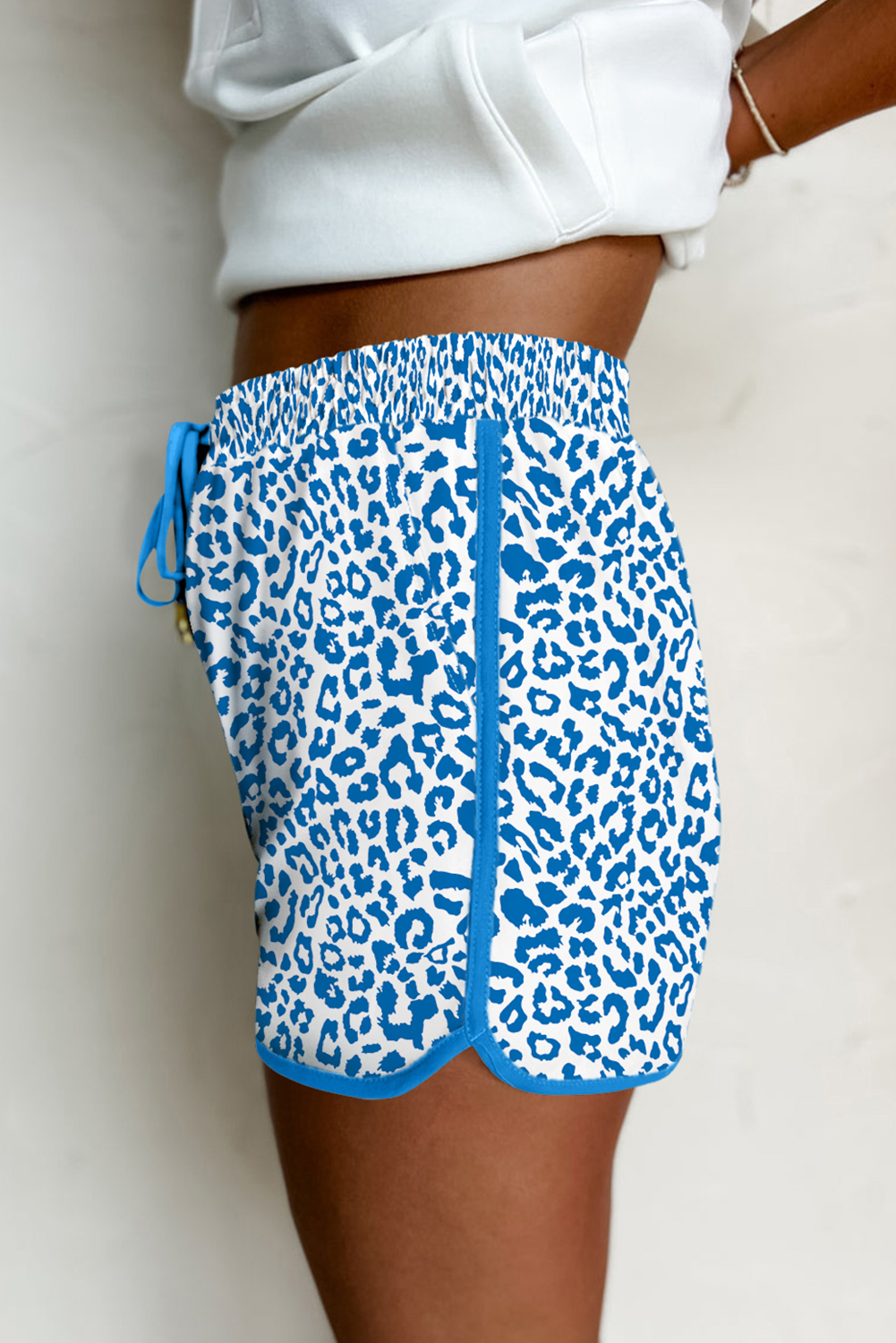 Blue Leopard Elastic Waistband Lace up Contrast Trim Casual Shorts - Image 3