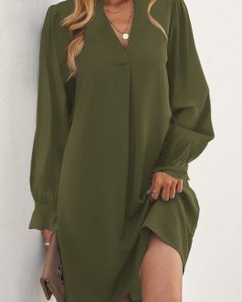 Green Split V Neck Ruffled Sleeves Shirt Dress