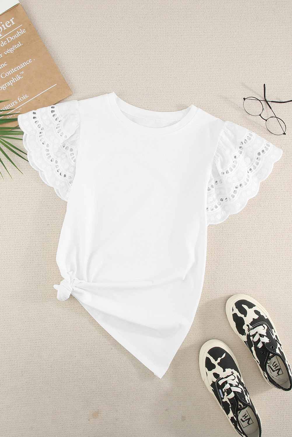 White Hollow Out Ruffle Sleeve T-shirt - Image 5