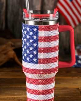 Red Rhinestone American Flag Print Handled 40oz Thermos Tumbler