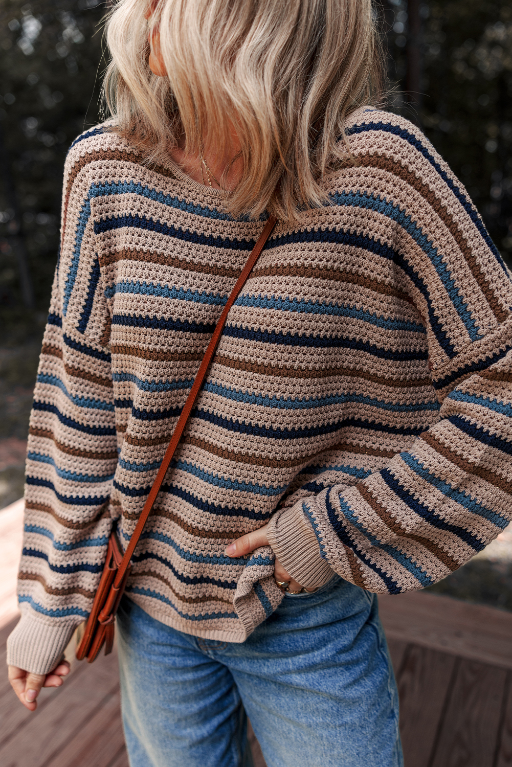 Multicolour Striped Knitted Drop Shoulder Round Neck Sweater - Image 4
