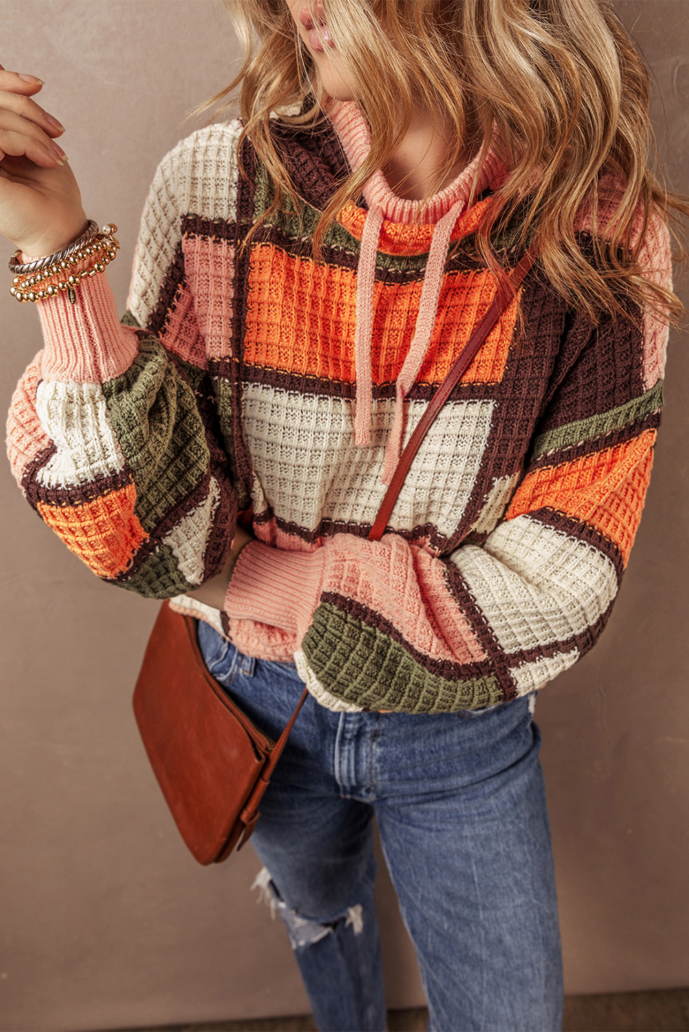 Orange Color Block Waffle Knit Drawstring Mock Neck Sweater - Image 4