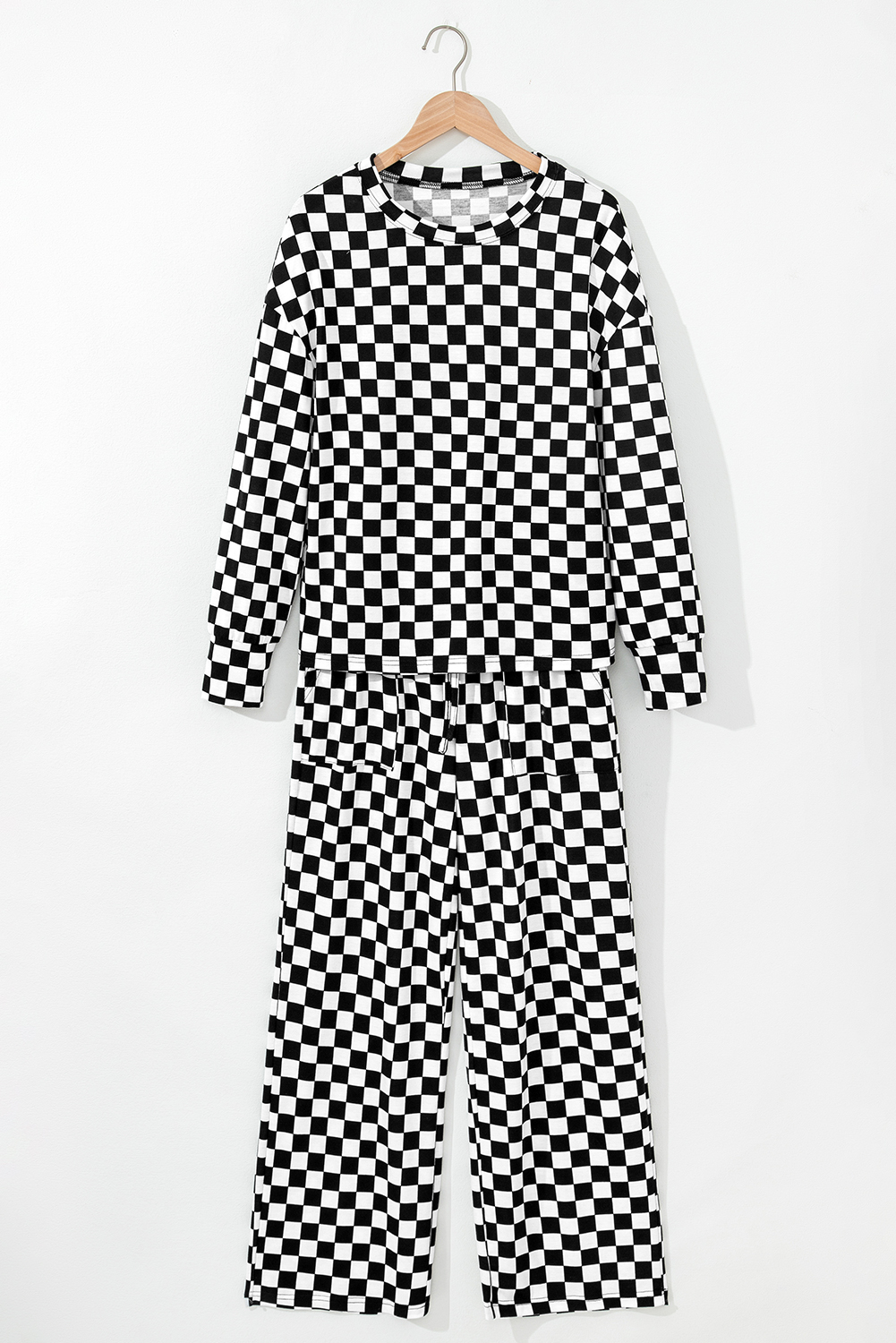 Black Checkered Print Long Sleeve Top and Pants Lounge Set - Image 3