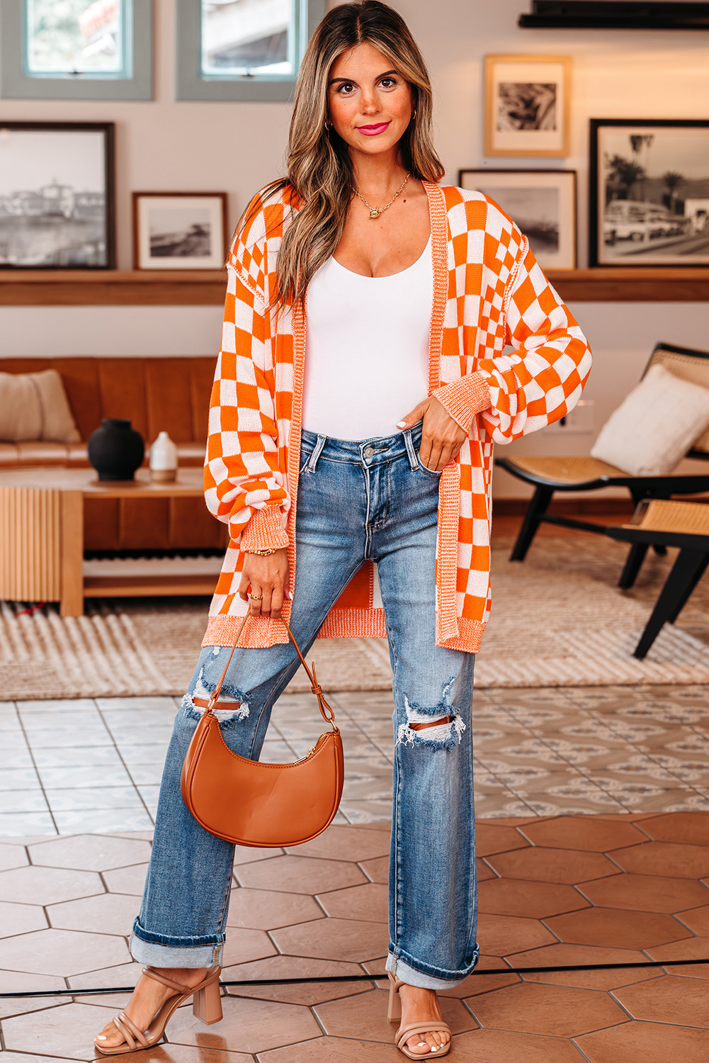 Orange Checkered Open Front Drop Shoulder Cardigan - Image 5