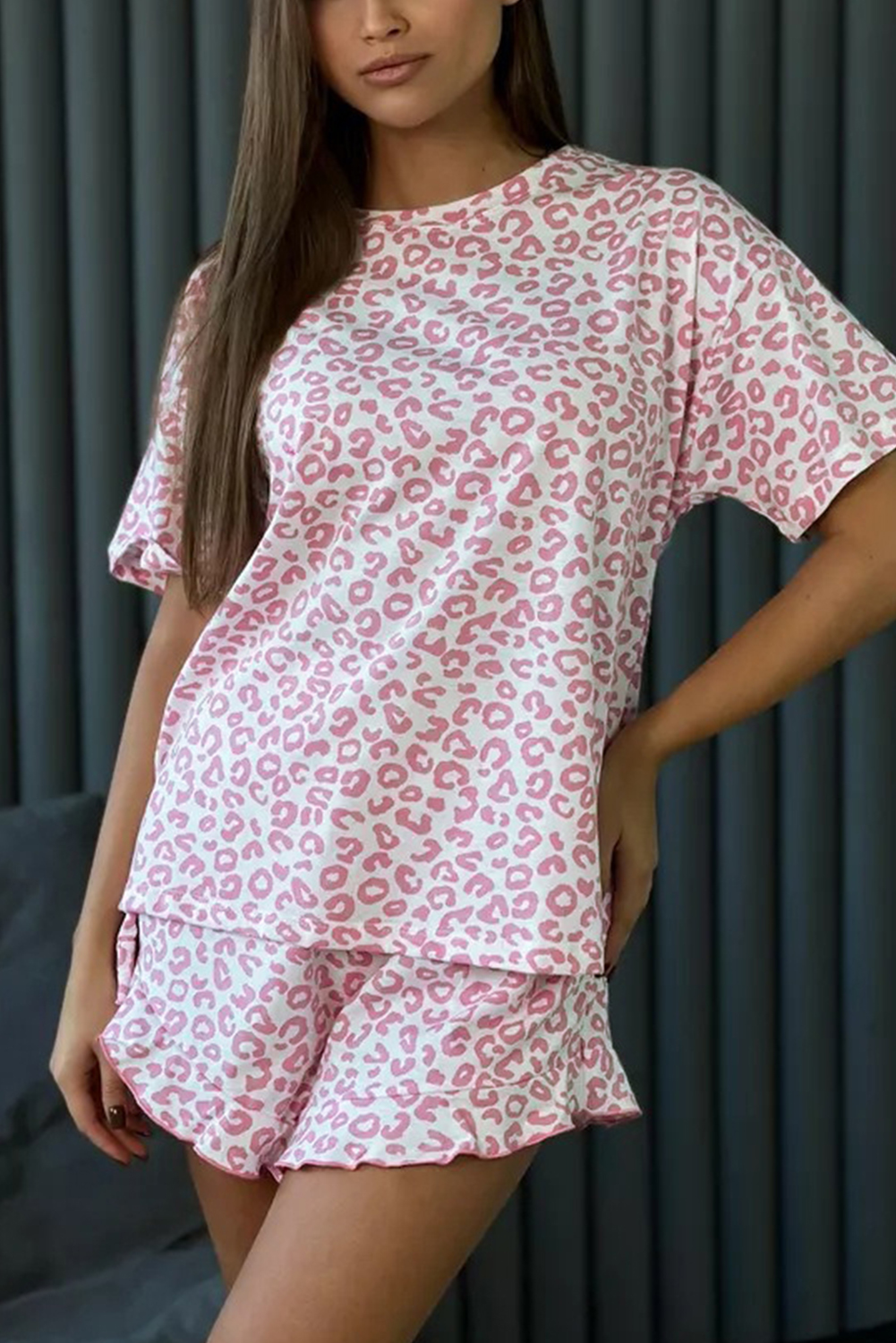 Pink Leopard Print Crew Neck Tee and Ruffled Shorts 2 Lounge Set - Image 4