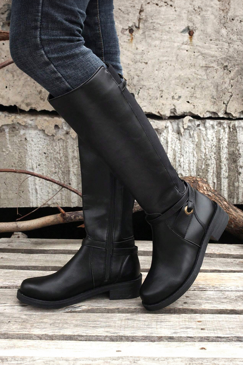 Black Side Zipper Knee High Chunky Low Heel Boots - Image 3