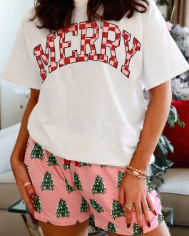 Pink Checkered MERRY Graphic Christmas Tree Print Short Lounge Set
