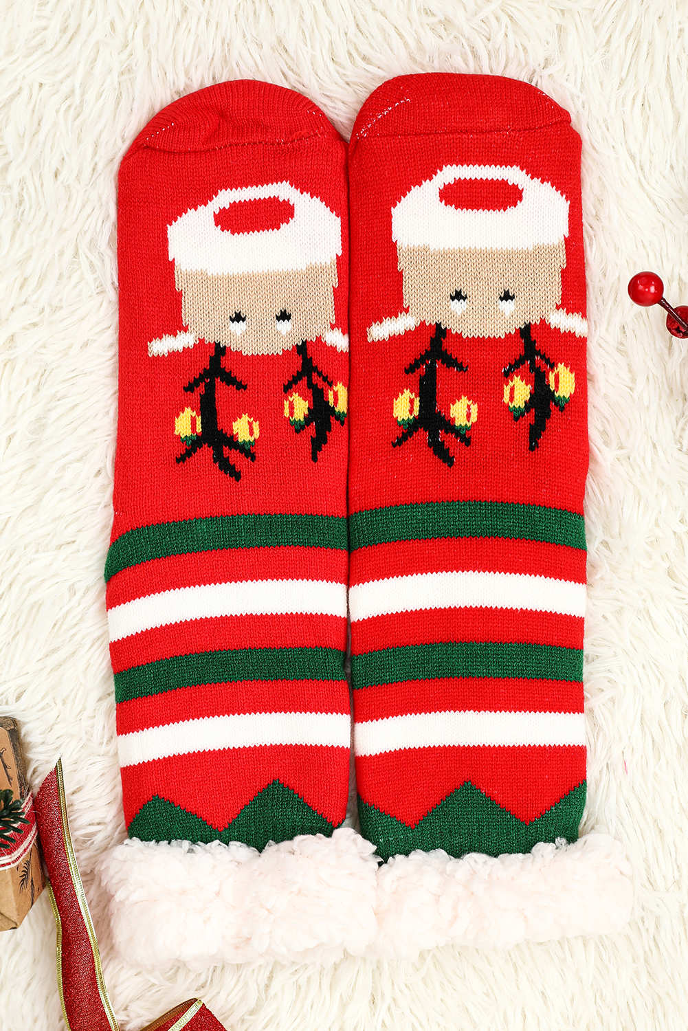 Fiery Red Christmas Cartoon Pattern Woolen Knit Socks - Image 6