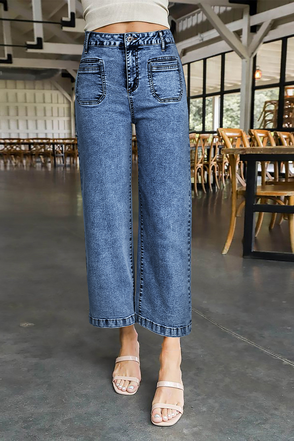 Sky Blue Chic Patch Pocket Straight Leg Loose Jeans - Image 5