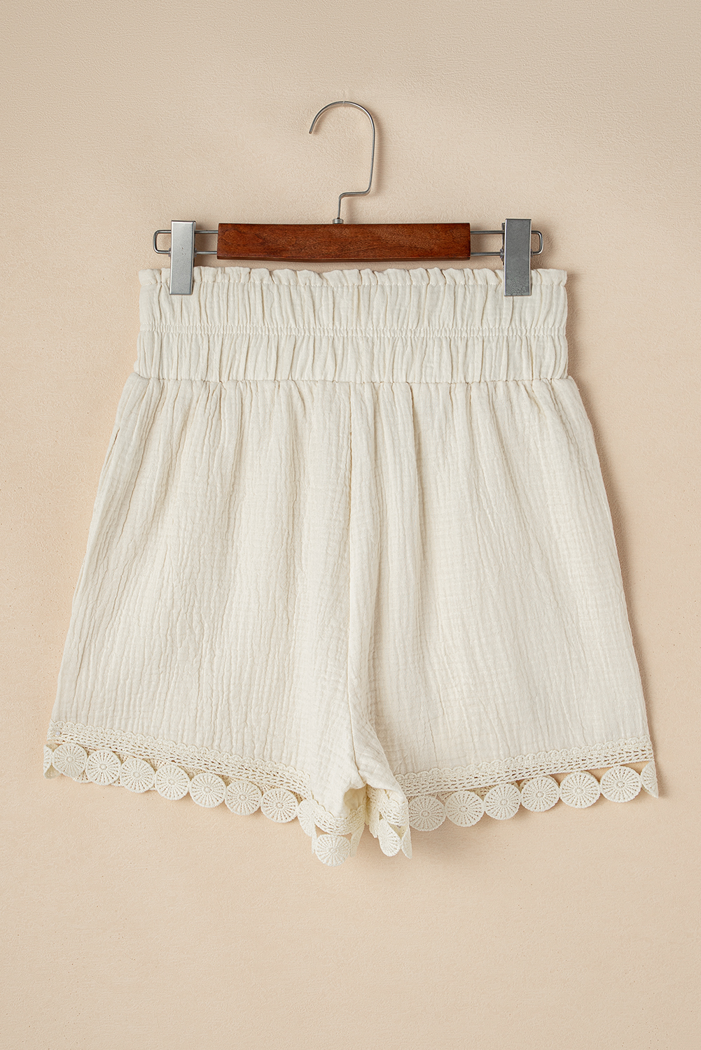 Apricot Textured Frilled Knotted High Waist Lace Hem Shorts - Image 6
