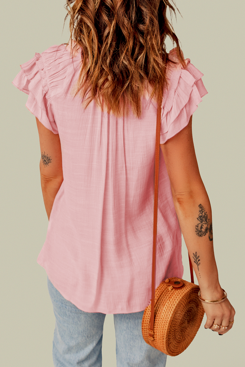 Pink Tiered Ruffled Drawstring V Neck Top - Image 2